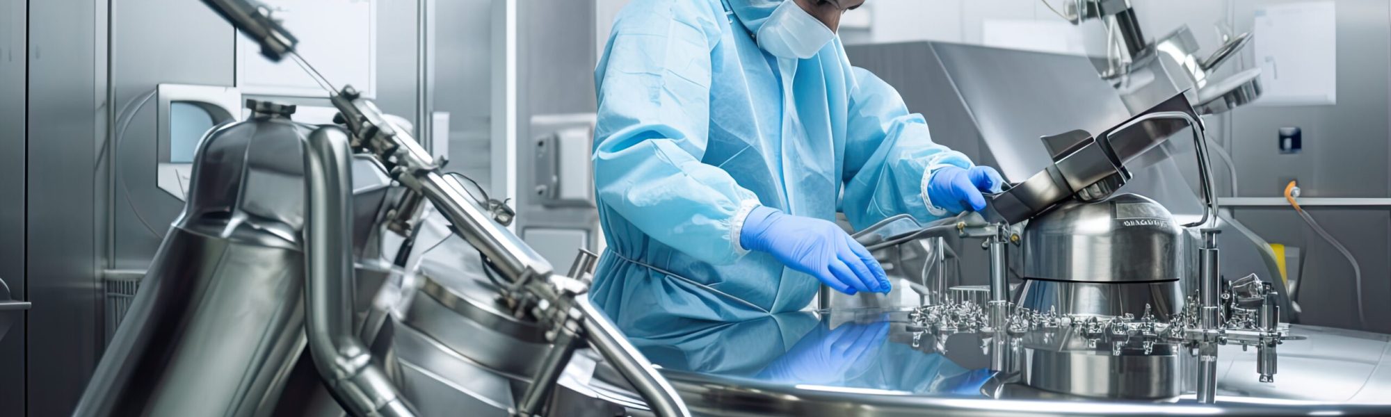 A man in protective clothing working on equipment. Pharmaceautical clean room, industrial design, large scale chemical production in controlled sterile conditions, AI generative